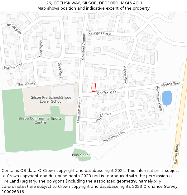 26, OBELISK WAY, SILSOE, BEDFORD, MK45 4GH: Location map and indicative extent of plot