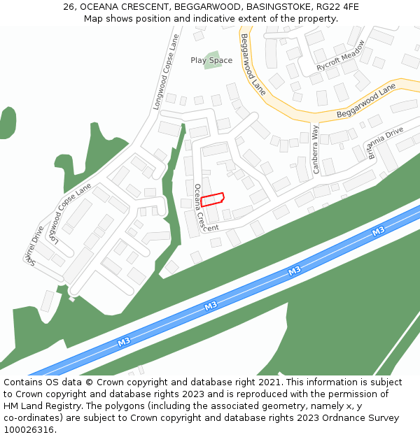 26, OCEANA CRESCENT, BEGGARWOOD, BASINGSTOKE, RG22 4FE: Location map and indicative extent of plot