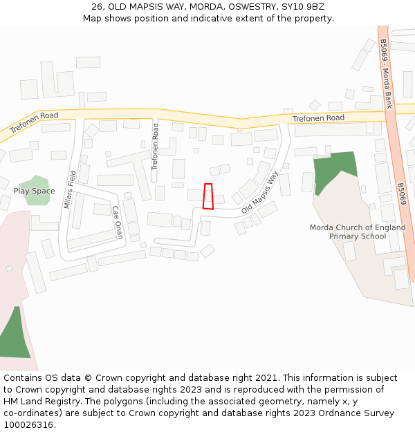 26, OLD MAPSIS WAY, MORDA, OSWESTRY, SY10 9BZ: Location map and indicative extent of plot