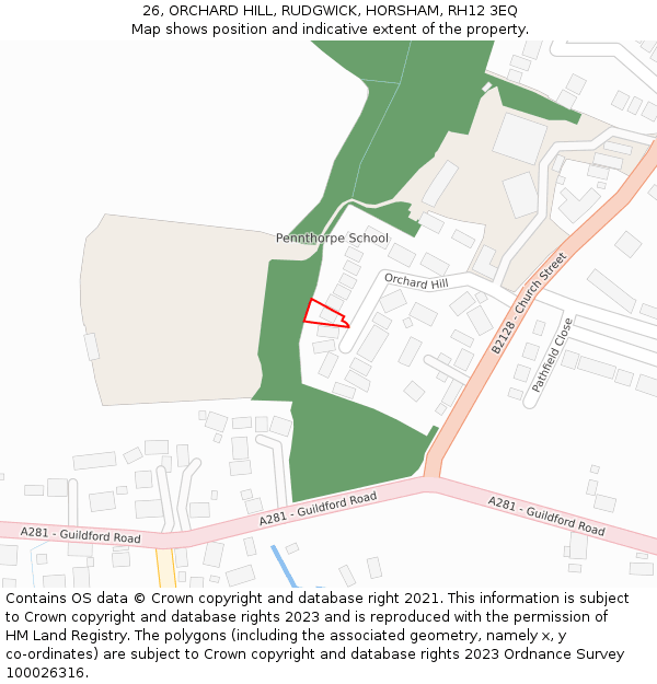 26, ORCHARD HILL, RUDGWICK, HORSHAM, RH12 3EQ: Location map and indicative extent of plot