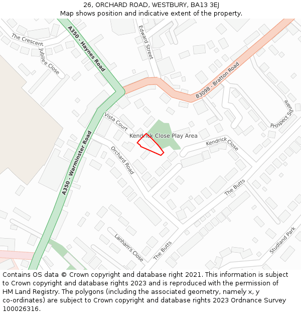 26, ORCHARD ROAD, WESTBURY, BA13 3EJ: Location map and indicative extent of plot