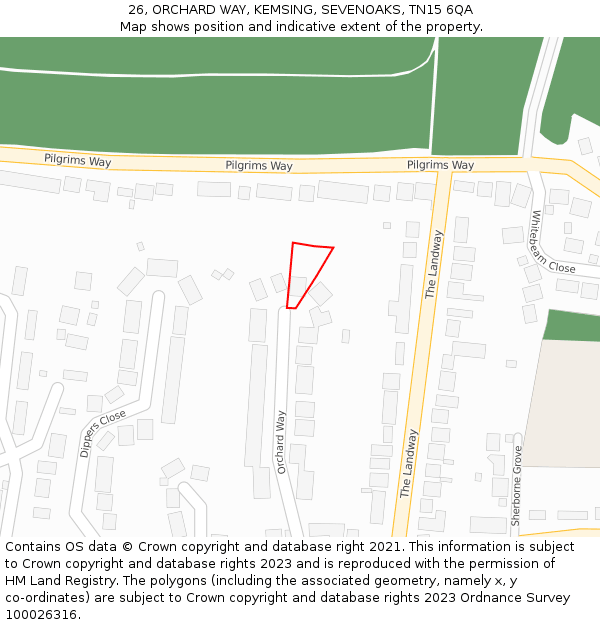 26, ORCHARD WAY, KEMSING, SEVENOAKS, TN15 6QA: Location map and indicative extent of plot