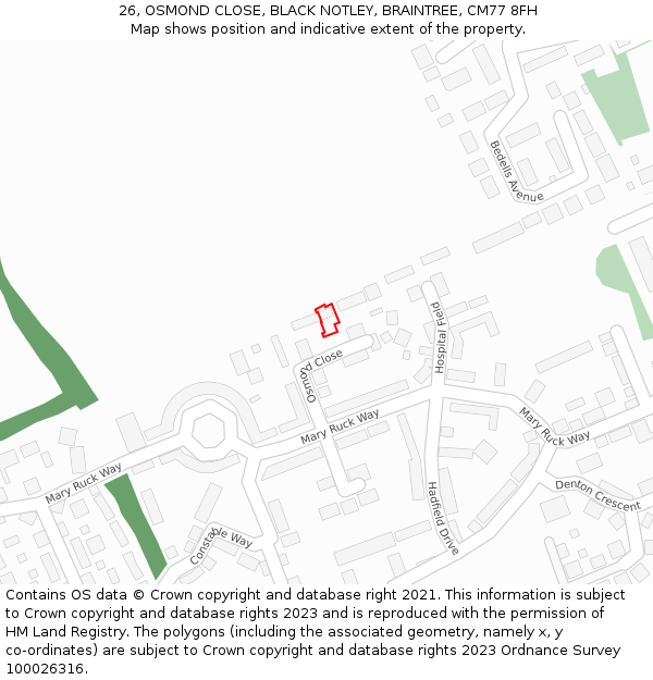 26, OSMOND CLOSE, BLACK NOTLEY, BRAINTREE, CM77 8FH: Location map and indicative extent of plot