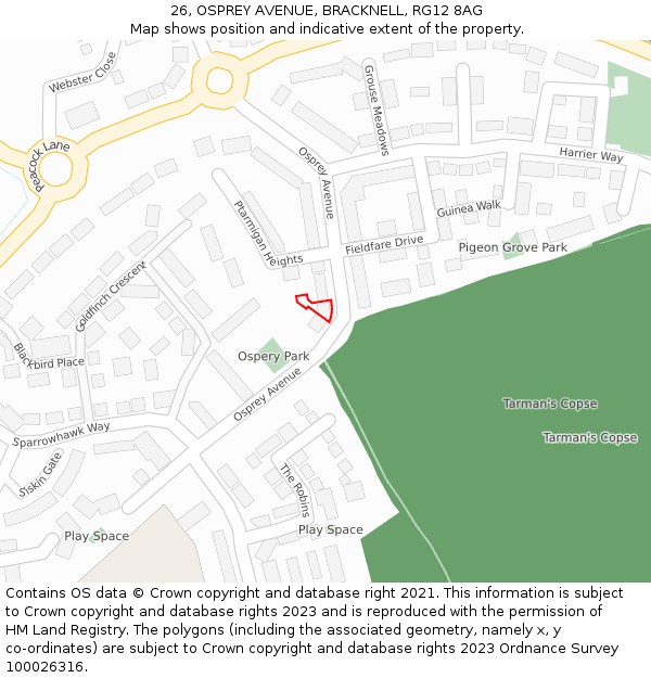 26, OSPREY AVENUE, BRACKNELL, RG12 8AG: Location map and indicative extent of plot