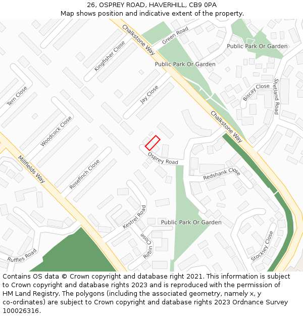 26, OSPREY ROAD, HAVERHILL, CB9 0PA: Location map and indicative extent of plot