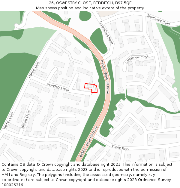 26, OSWESTRY CLOSE, REDDITCH, B97 5QE: Location map and indicative extent of plot