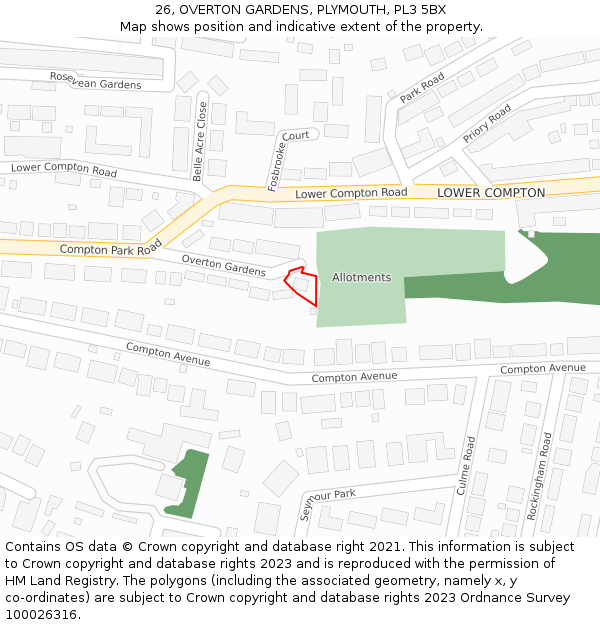 26, OVERTON GARDENS, PLYMOUTH, PL3 5BX: Location map and indicative extent of plot