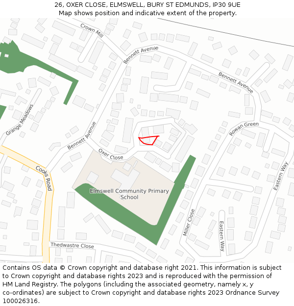 26, OXER CLOSE, ELMSWELL, BURY ST EDMUNDS, IP30 9UE: Location map and indicative extent of plot