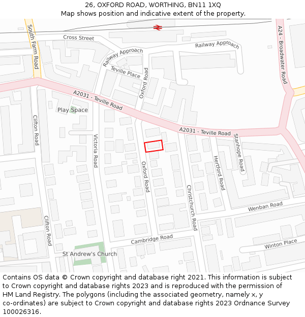 26, OXFORD ROAD, WORTHING, BN11 1XQ: Location map and indicative extent of plot