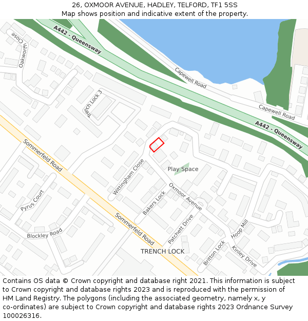 26, OXMOOR AVENUE, HADLEY, TELFORD, TF1 5SS: Location map and indicative extent of plot