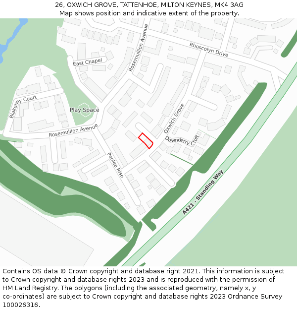 26, OXWICH GROVE, TATTENHOE, MILTON KEYNES, MK4 3AG: Location map and indicative extent of plot