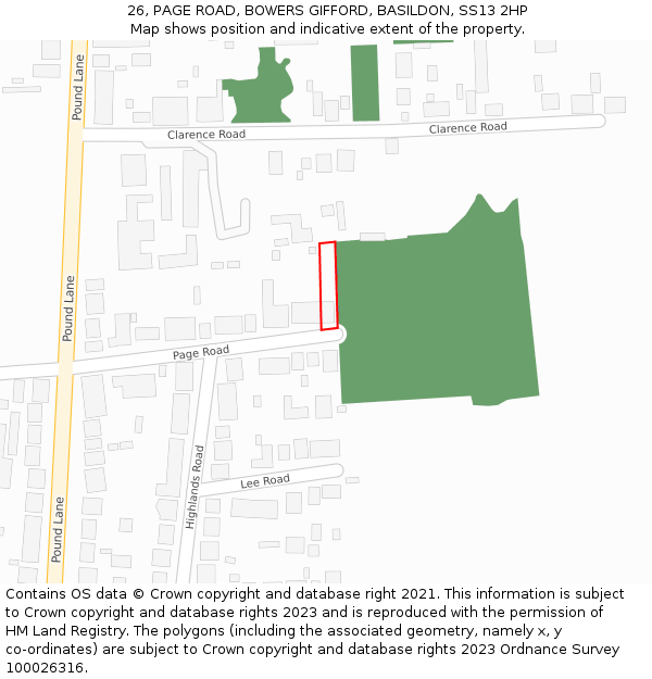 26, PAGE ROAD, BOWERS GIFFORD, BASILDON, SS13 2HP: Location map and indicative extent of plot