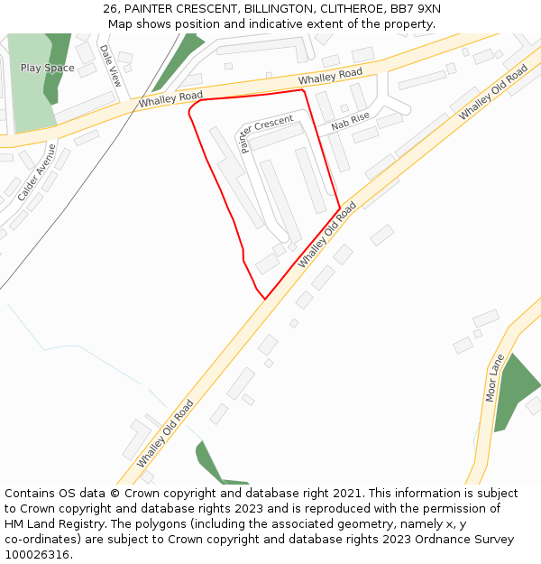 26, PAINTER CRESCENT, BILLINGTON, CLITHEROE, BB7 9XN: Location map and indicative extent of plot