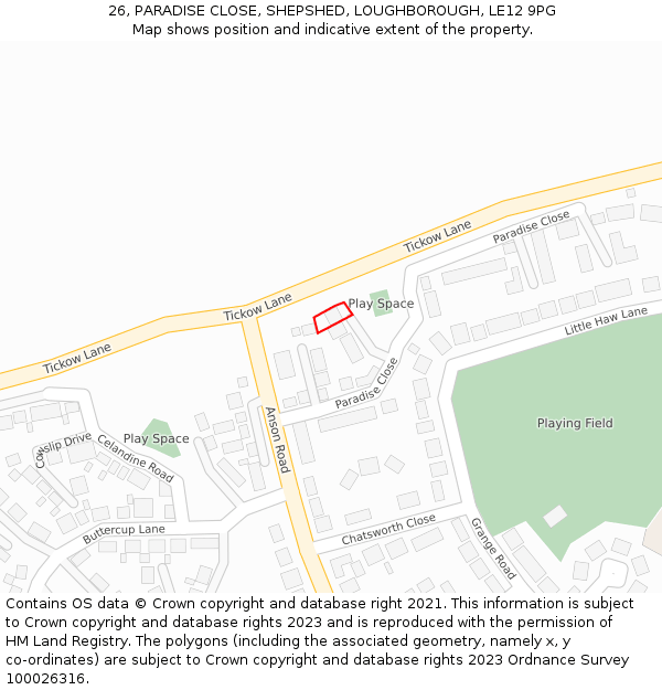 26, PARADISE CLOSE, SHEPSHED, LOUGHBOROUGH, LE12 9PG: Location map and indicative extent of plot