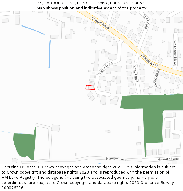 26, PARDOE CLOSE, HESKETH BANK, PRESTON, PR4 6PT: Location map and indicative extent of plot