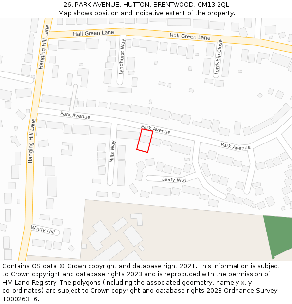 26, PARK AVENUE, HUTTON, BRENTWOOD, CM13 2QL: Location map and indicative extent of plot