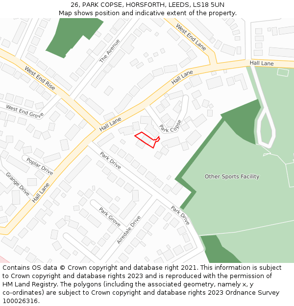 26, PARK COPSE, HORSFORTH, LEEDS, LS18 5UN: Location map and indicative extent of plot