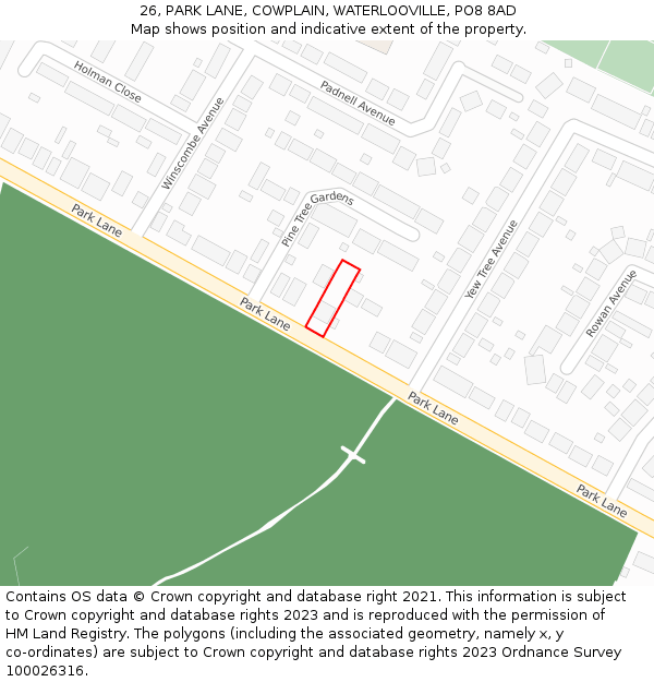 26, PARK LANE, COWPLAIN, WATERLOOVILLE, PO8 8AD: Location map and indicative extent of plot