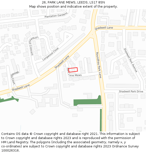 26, PARK LANE MEWS, LEEDS, LS17 8SN: Location map and indicative extent of plot