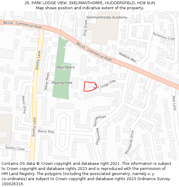 26, PARK LODGE VIEW, SKELMANTHORPE, HUDDERSFIELD, HD8 9UN: Location map and indicative extent of plot