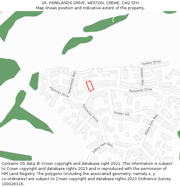 26, PARKLANDS DRIVE, WESTON, CREWE, CW2 5FH: Location map and indicative extent of plot