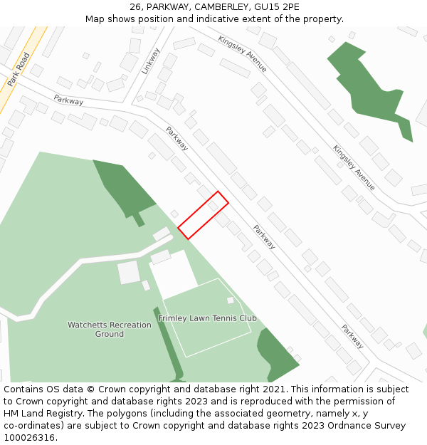 26, PARKWAY, CAMBERLEY, GU15 2PE: Location map and indicative extent of plot