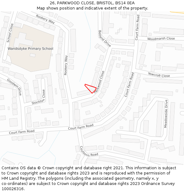 26, PARKWOOD CLOSE, BRISTOL, BS14 0EA: Location map and indicative extent of plot