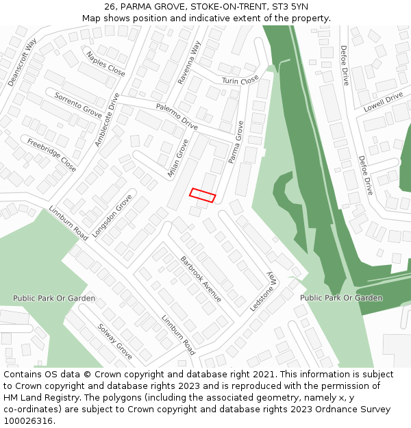 26, PARMA GROVE, STOKE-ON-TRENT, ST3 5YN: Location map and indicative extent of plot