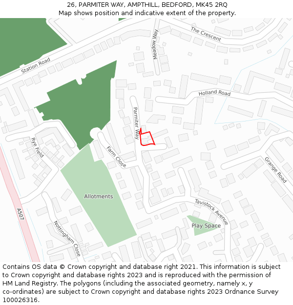26, PARMITER WAY, AMPTHILL, BEDFORD, MK45 2RQ: Location map and indicative extent of plot