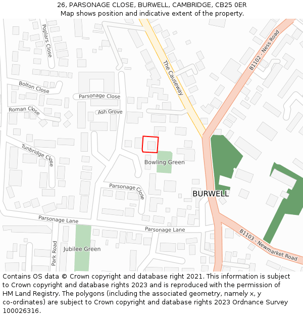 26, PARSONAGE CLOSE, BURWELL, CAMBRIDGE, CB25 0ER: Location map and indicative extent of plot