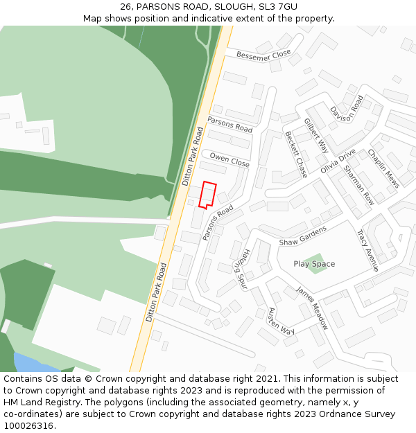 26, PARSONS ROAD, SLOUGH, SL3 7GU: Location map and indicative extent of plot