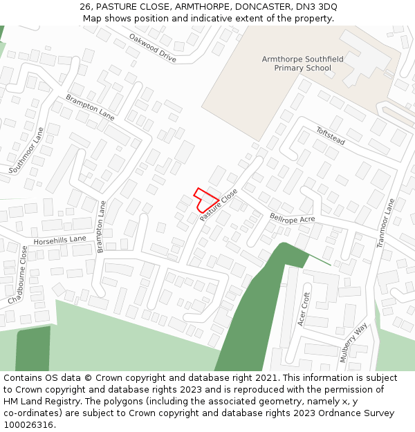 26, PASTURE CLOSE, ARMTHORPE, DONCASTER, DN3 3DQ: Location map and indicative extent of plot