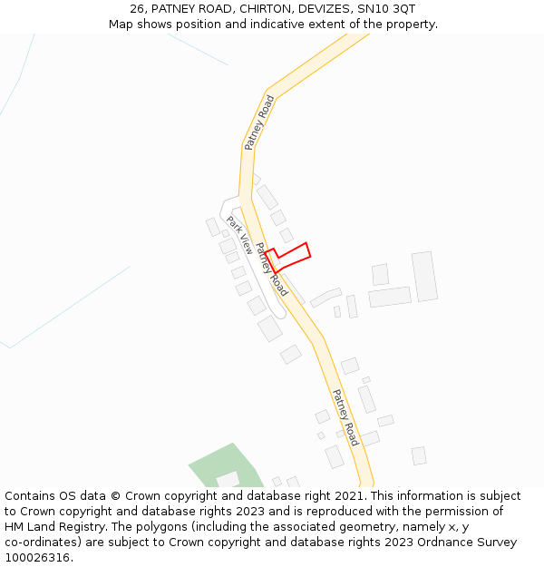 26, PATNEY ROAD, CHIRTON, DEVIZES, SN10 3QT: Location map and indicative extent of plot