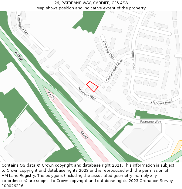 26, PATREANE WAY, CARDIFF, CF5 4SA: Location map and indicative extent of plot