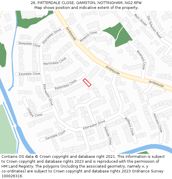 26, PATTERDALE CLOSE, GAMSTON, NOTTINGHAM, NG2 6PW: Location map and indicative extent of plot