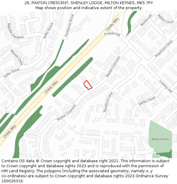 26, PAXTON CRESCENT, SHENLEY LODGE, MILTON KEYNES, MK5 7PY: Location map and indicative extent of plot