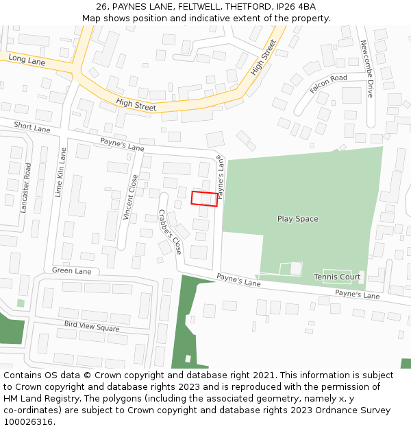 26, PAYNES LANE, FELTWELL, THETFORD, IP26 4BA: Location map and indicative extent of plot