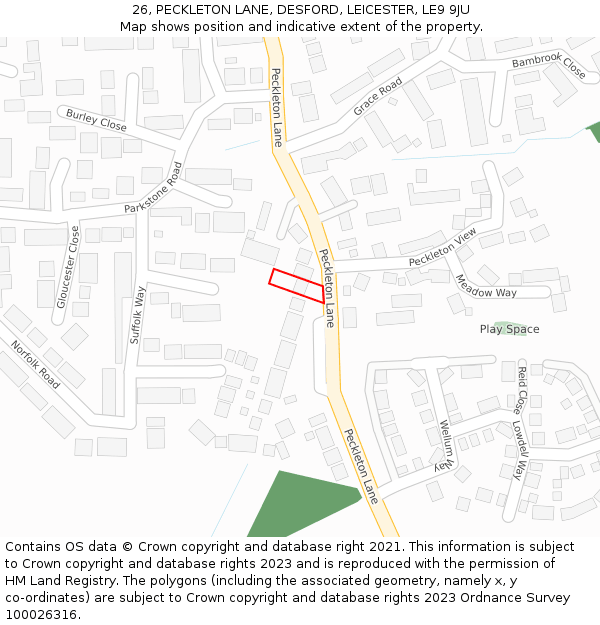 26, PECKLETON LANE, DESFORD, LEICESTER, LE9 9JU: Location map and indicative extent of plot