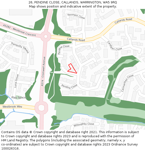 26, PENDINE CLOSE, CALLANDS, WARRINGTON, WA5 9RQ: Location map and indicative extent of plot