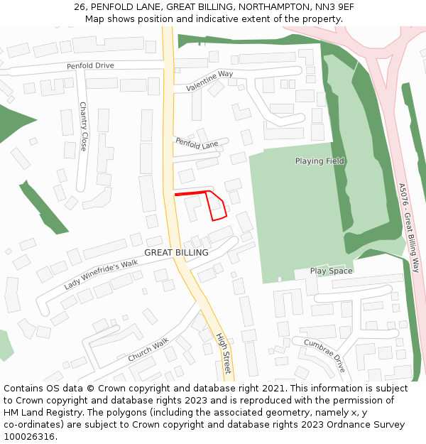 26, PENFOLD LANE, GREAT BILLING, NORTHAMPTON, NN3 9EF: Location map and indicative extent of plot