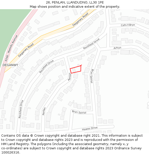 26, PENLAN, LLANDUDNO, LL30 1PE: Location map and indicative extent of plot