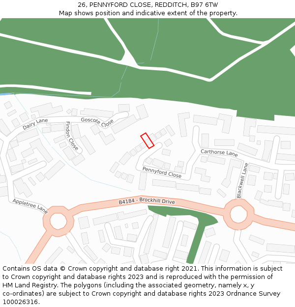 26, PENNYFORD CLOSE, REDDITCH, B97 6TW: Location map and indicative extent of plot