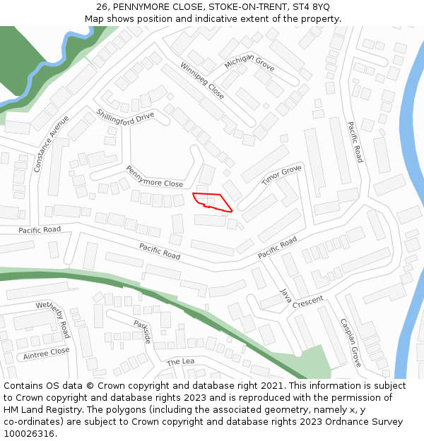 26, PENNYMORE CLOSE, STOKE-ON-TRENT, ST4 8YQ: Location map and indicative extent of plot