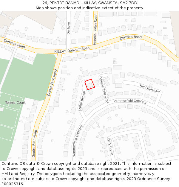 26, PENTRE BANADL, KILLAY, SWANSEA, SA2 7DD: Location map and indicative extent of plot