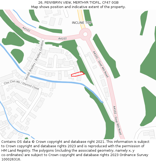 26, PENYBRYN VIEW, MERTHYR TYDFIL, CF47 0GB: Location map and indicative extent of plot