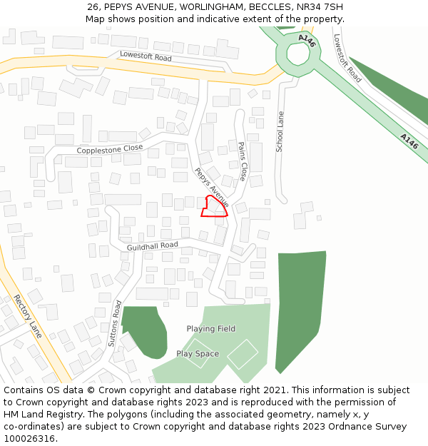 26, PEPYS AVENUE, WORLINGHAM, BECCLES, NR34 7SH: Location map and indicative extent of plot