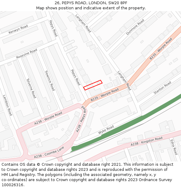 26, PEPYS ROAD, LONDON, SW20 8PF: Location map and indicative extent of plot