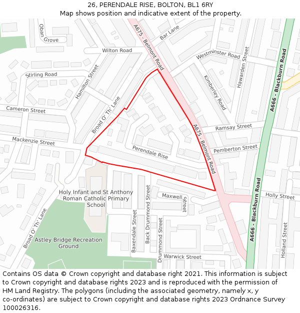 26, PERENDALE RISE, BOLTON, BL1 6RY: Location map and indicative extent of plot