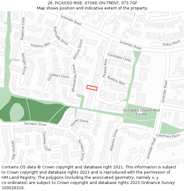 26, PICASSO RISE, STOKE-ON-TRENT, ST3 7GF: Location map and indicative extent of plot