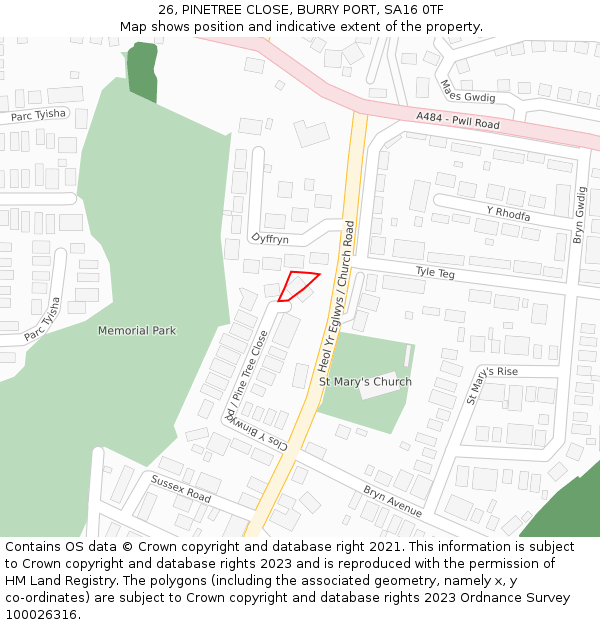 26, PINETREE CLOSE, BURRY PORT, SA16 0TF: Location map and indicative extent of plot